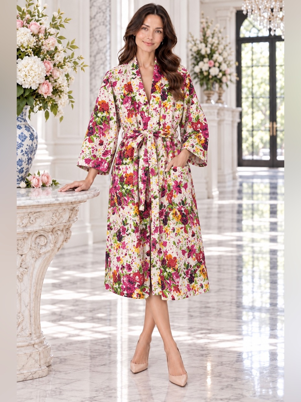 Ivory Multicolor Floral Kantha Robe Cotton Kimono Boho One Size belted